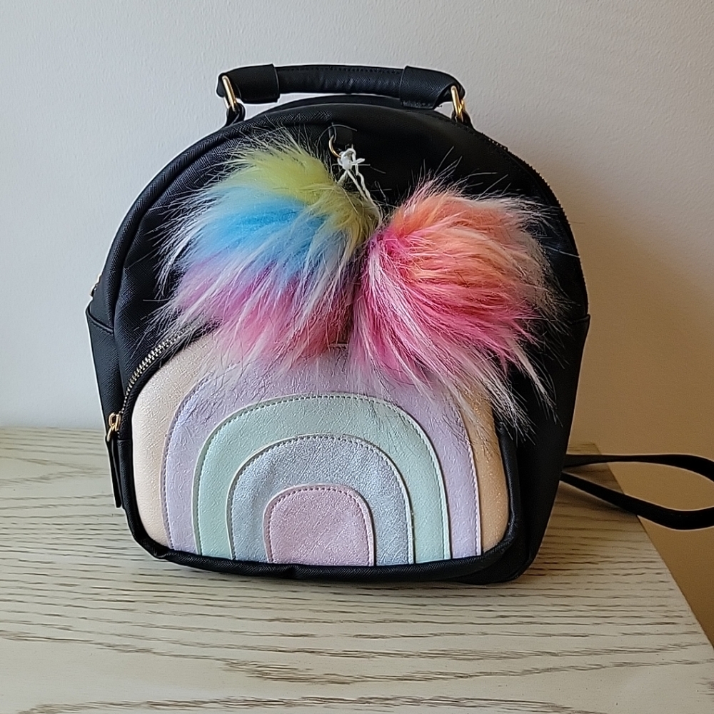 Under One Sky Rainbow Back Pack With Rainbow Puffs 11 X 12 X 5